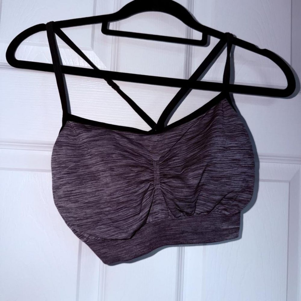 Purple heathered sports bra with black straps